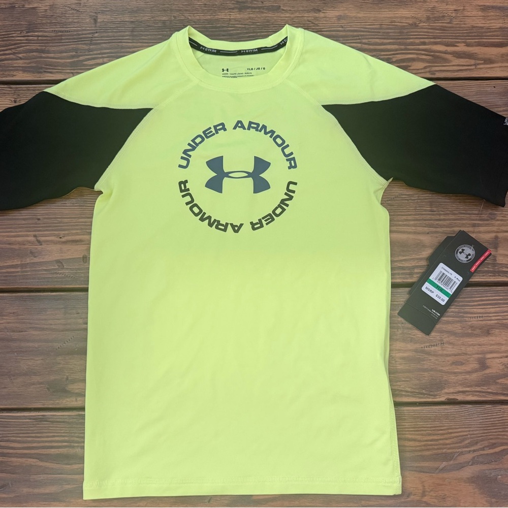 Boys Under Armour Neon Yellow and Black Short Sleeve Swim Rashguard Size Youth L